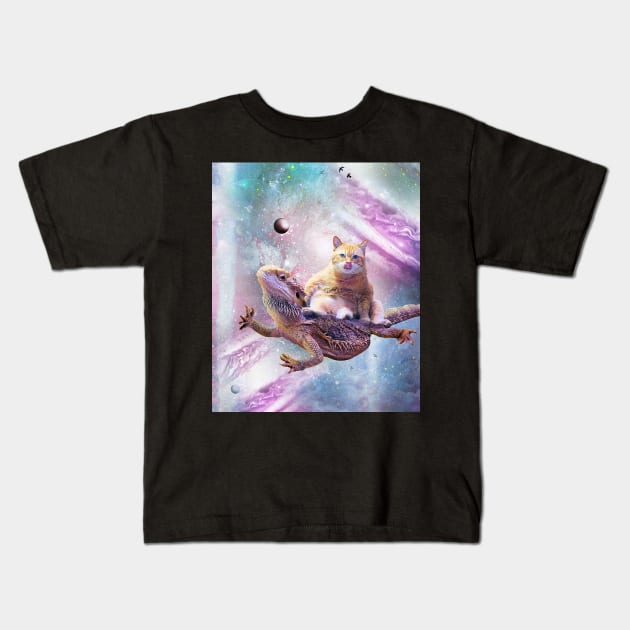 Space Cat Riding Bearded Dragon Lizard Kids T-Shirt by Random Galaxy